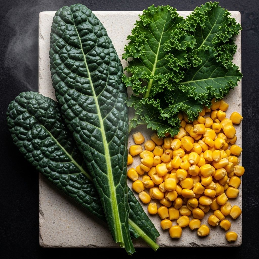 Close-up of freshly picked dark green kale leaves and vibrant yellow corn kernels arranged on a light stone surface, representing natural lutein and zeaxanthin rich food sources