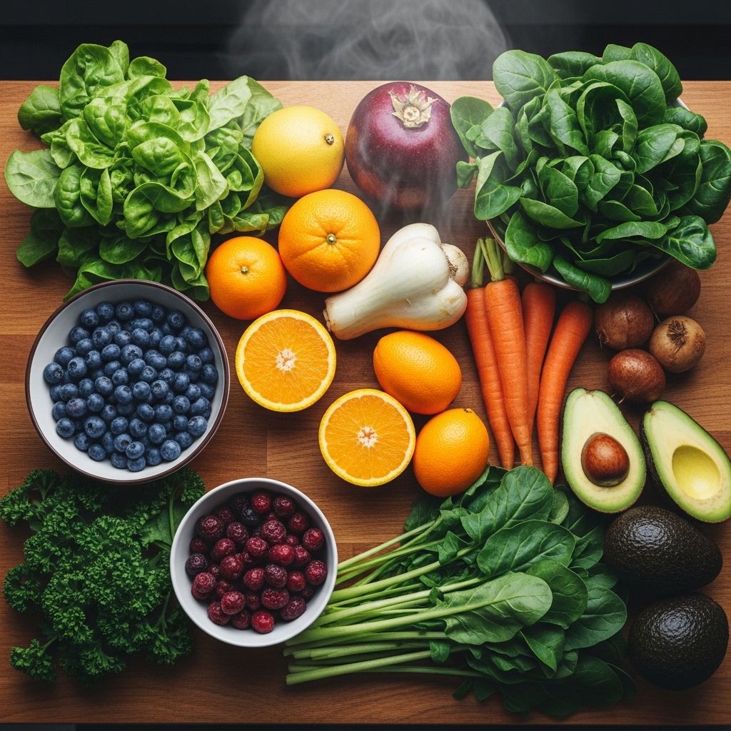 Colorful array of fresh fruits and vegetables including blueberries, oranges, leafy greens, carrots, and avocados neatly arranged on a wooden kitchen counter in natural daylight