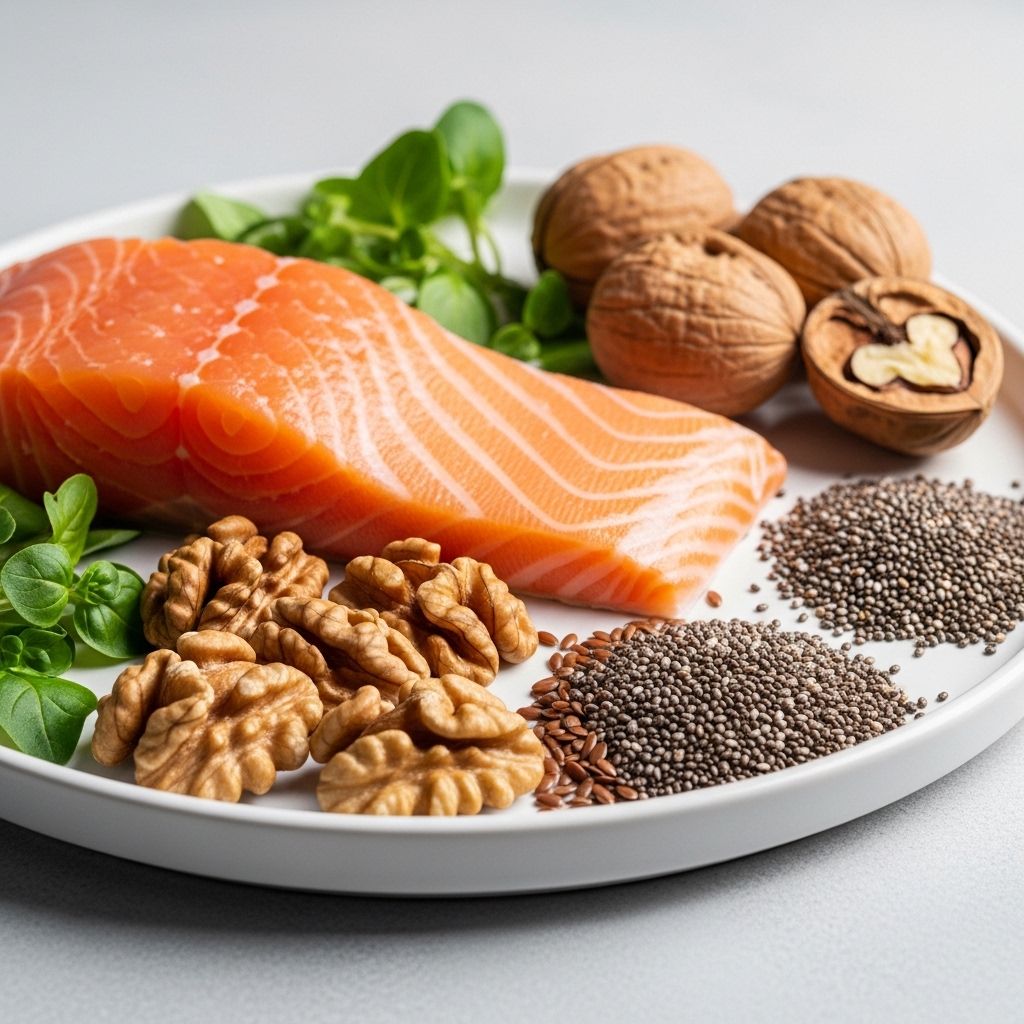 Fresh salmon fillet alongside walnuts, flaxseeds, and chia seeds arranged on a white ceramic plate with green herbs, illustrating natural omega-3 fatty acid sources